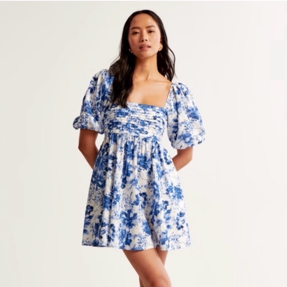 Abercrombie & Fitch Emerson Blue White Floral Puff Sleeve Mini Dress Babydoll S - Picture 4 of 14